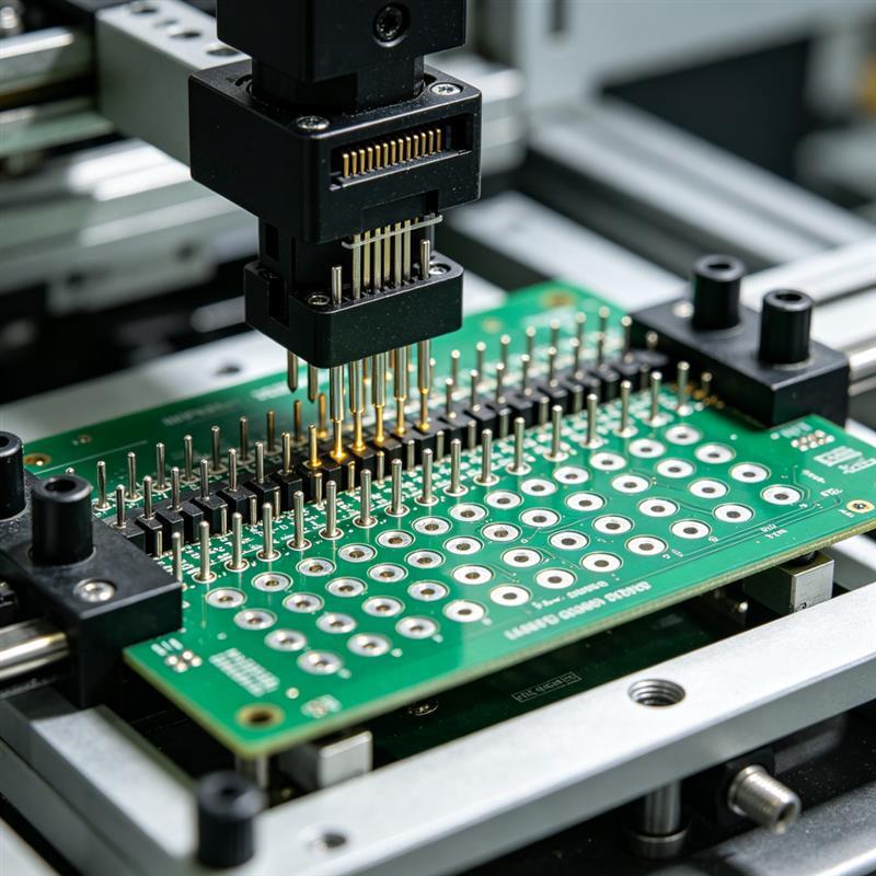 Functional test fixture with pogo pins contacting a PCB